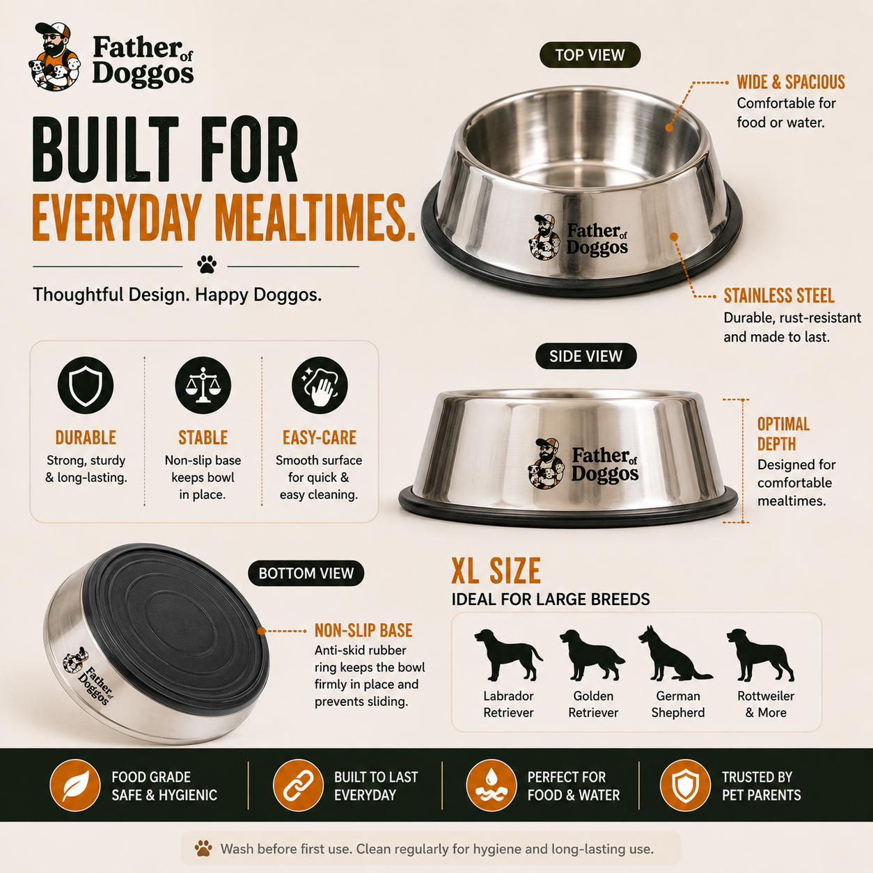 Non-Slip Stainless Steel Dog Bowl – XL Size
