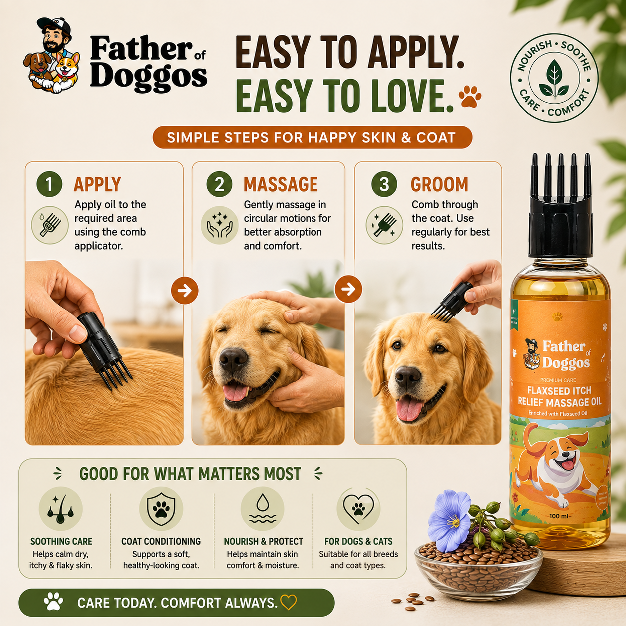 Flaxseed Itch Relief Massage Oil for Dogs & Cats – 100 ml