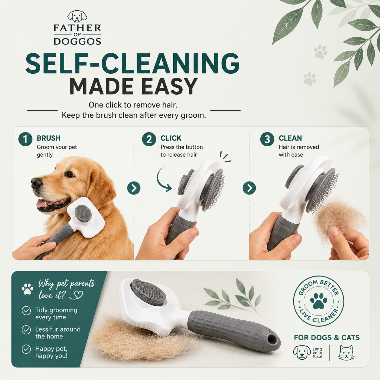 Self-Cleaning Slicker Brush for Dogs & Cats
