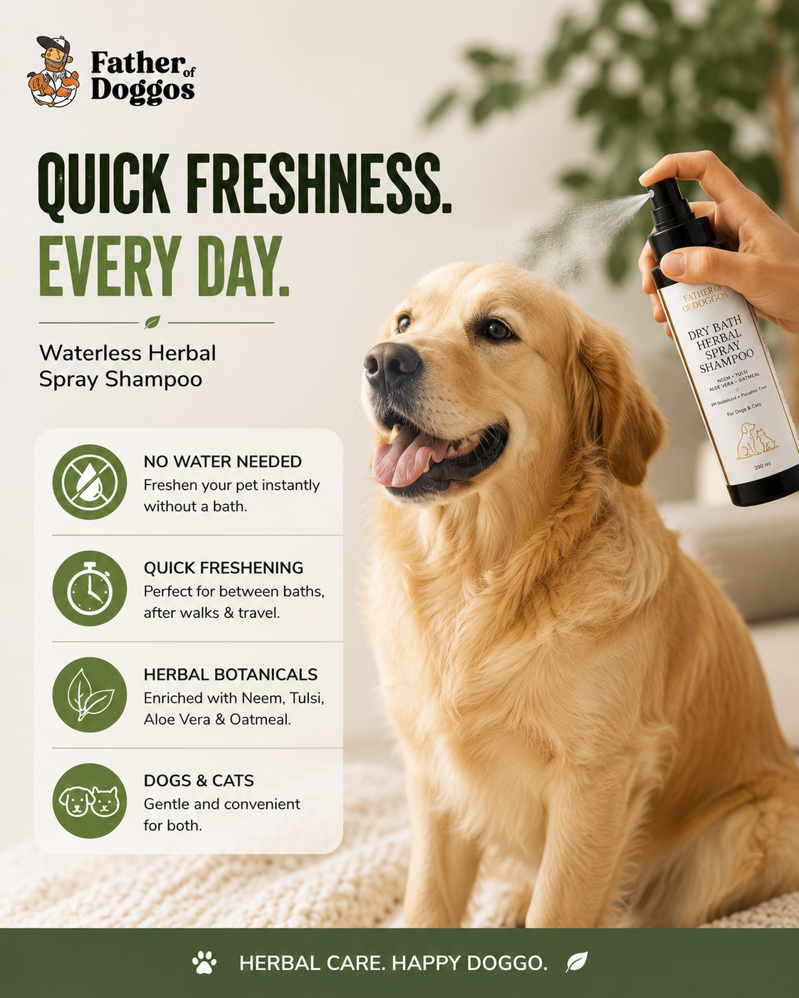 Dry Bath Herbal Spray Shampoo for Dogs & Cats – 200 ml