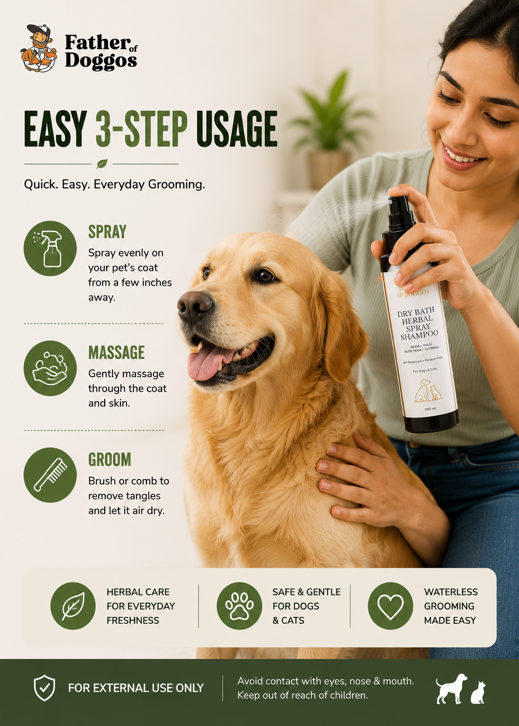 Dry Bath Herbal Spray Shampoo for Dogs & Cats – 200 ml