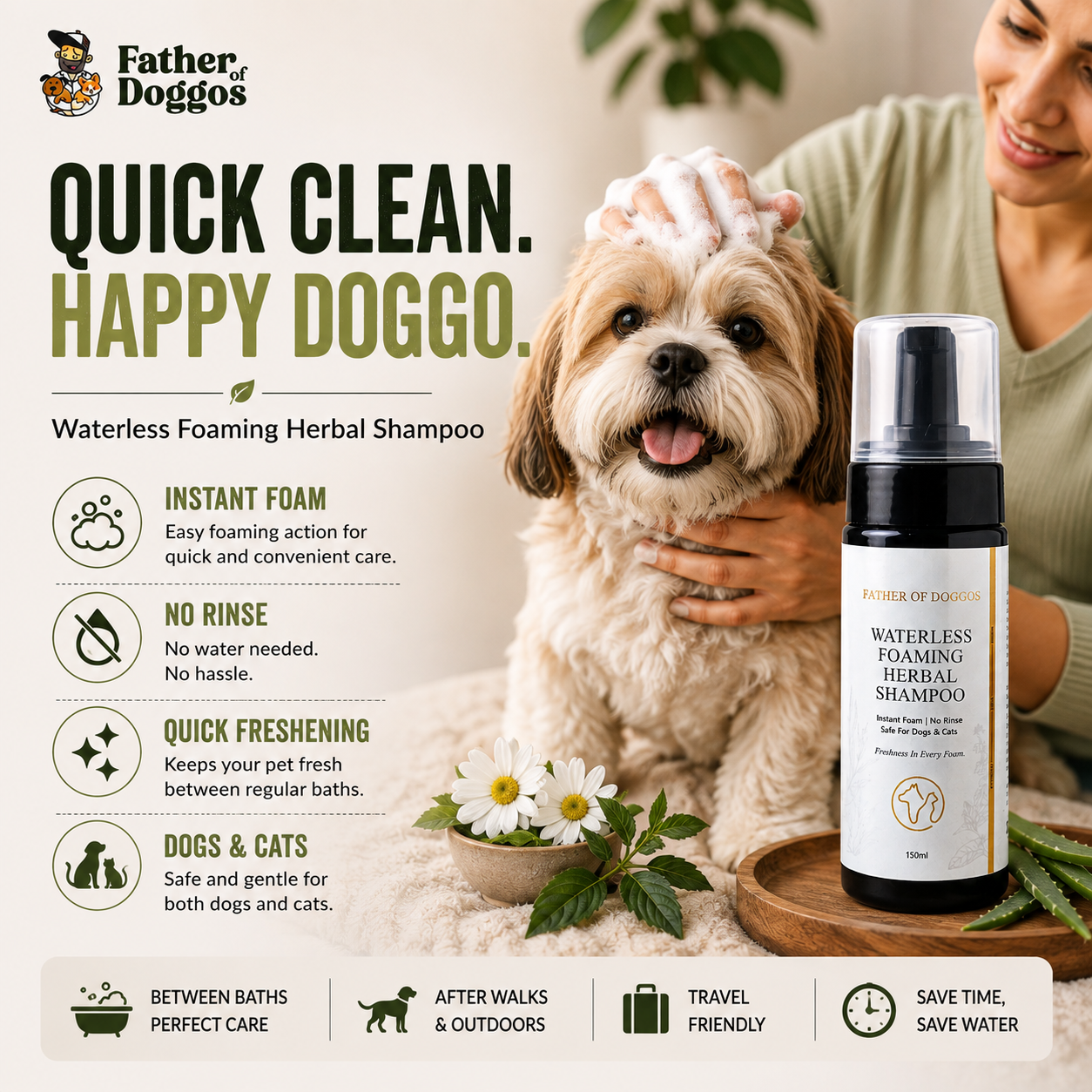 Waterless Foaming Herbal Shampoo for Dogs & Cats – 150 ml