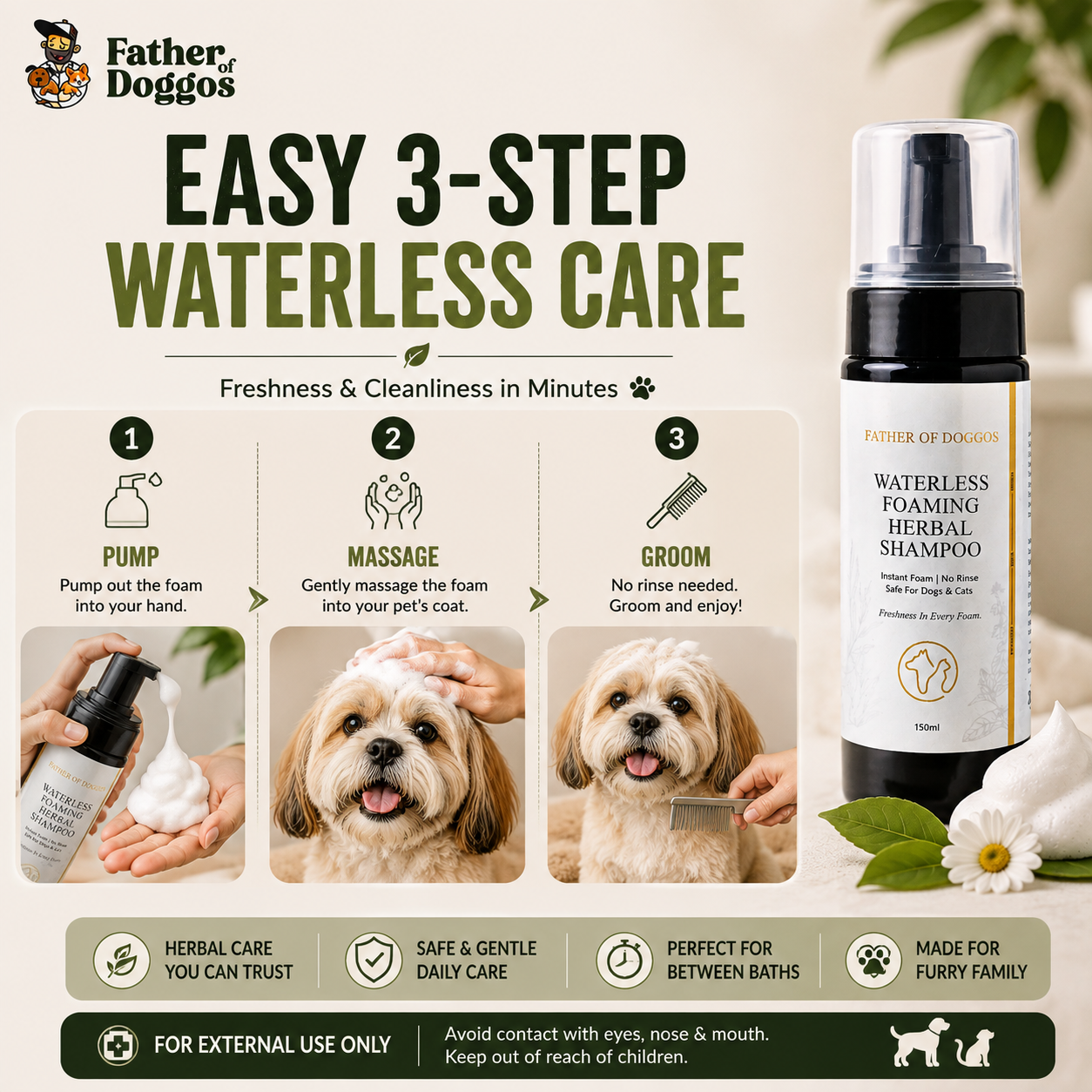 Waterless Foaming Herbal Shampoo for Dogs & Cats – 150 ml